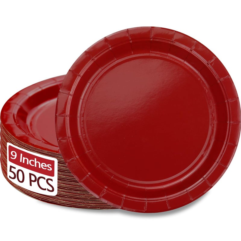PTECDROTS 50 Pcs Red Paper Plates, 9 Inch Paper Plates Christmas Plates Dinnerware Round Dinner Plates for Red Christmas Party Supplies Daily Use Wedding Birthday Parties Supplies - Image 1